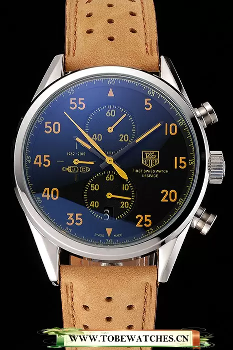 Tag Heuer Carrera SpaceX Silver Bezel With Black Dial And Light Brown Leather Strap En117628