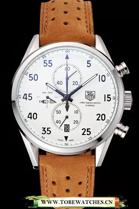 Tag Heuer Carrera SpaceX 7 White Dial Silver Stainless Steel Case Brown Suede Strap En121425