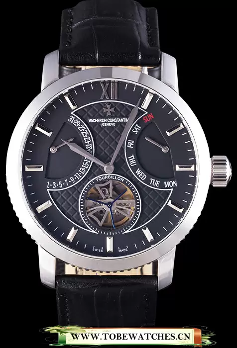 Vacheron Constantin Tourbillon Black Dial Stainless Steel Case Black Leather Bracelet En112873