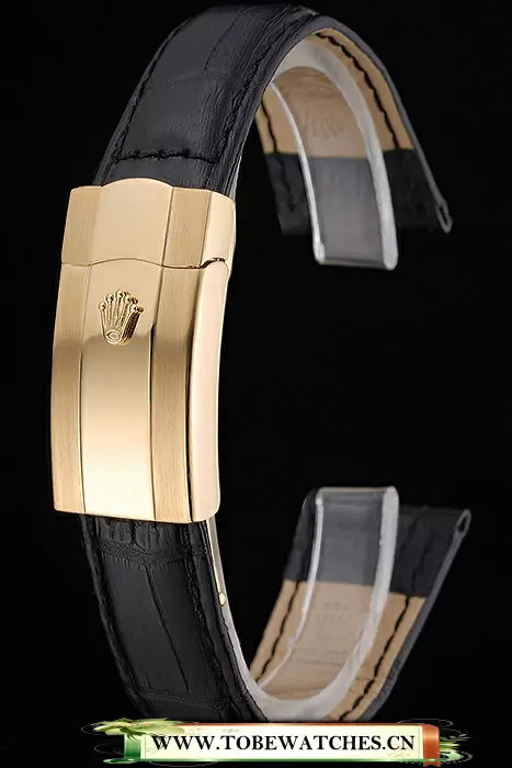 Rolex Black Leather With Gold Clasp Bracelet En60387
