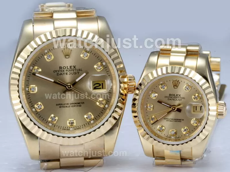 Rolex Datejust Automatic Full Gold With Diamond Marking Golden Dial Couple Watch En12734