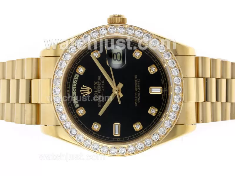 Rolex Day Date Automatic Movement Full Gold Diamond Bezel And Markers With Black Dial En45950