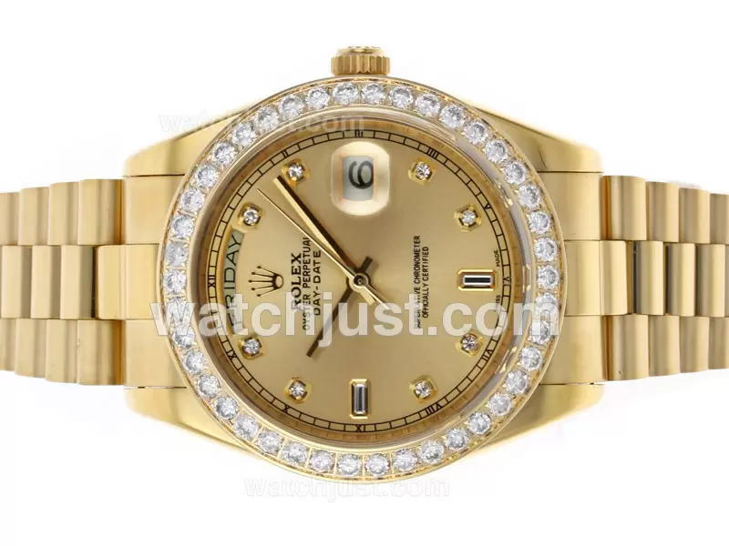Rolex Day Date II Automatic Movement Full Gold Diamond Bezel And Markers With Golden Dial En45951