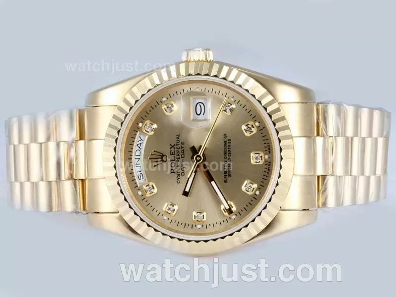 Rolex Day Date Automatic Full Gold Diamond Marking With Golden Dial En15180