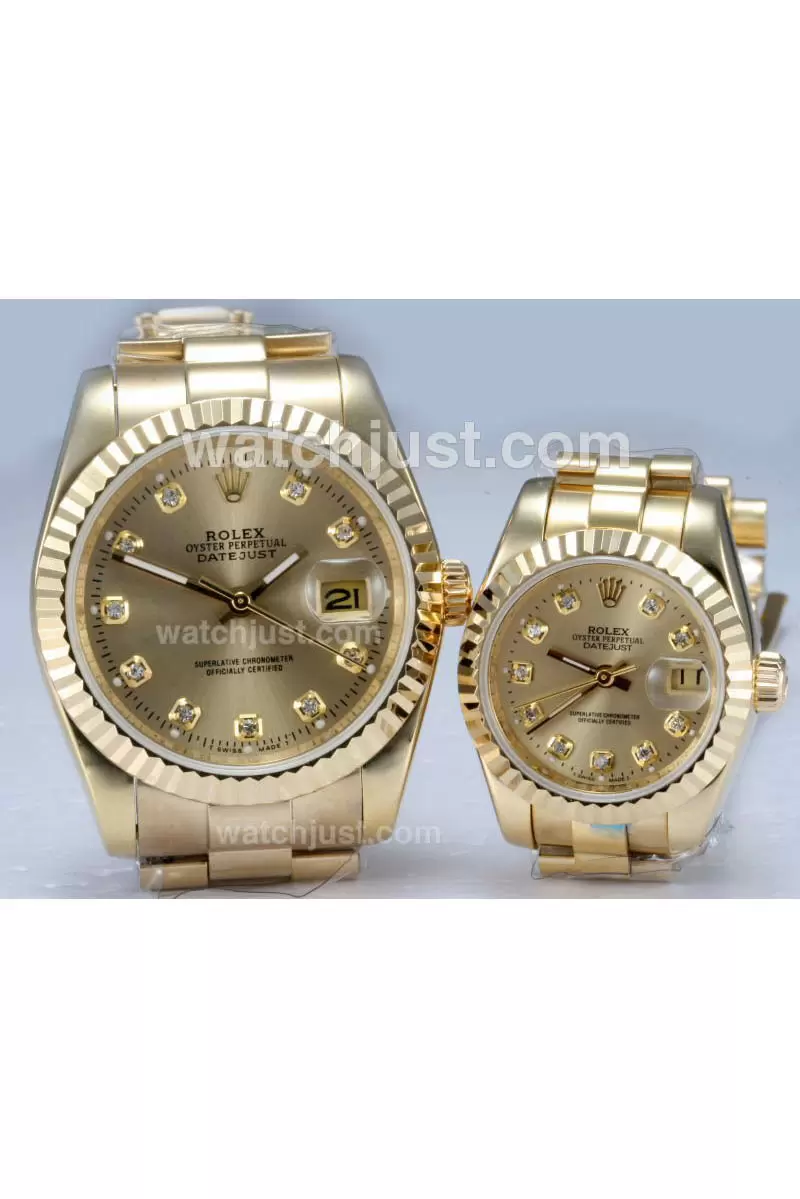 Rolex Datejust Automatic Full Gold With Diamond Marking Golden Dial Couple Watch En12734