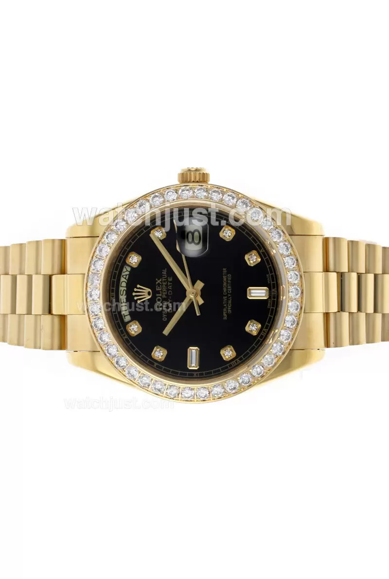 Rolex Day Date Automatic Movement Full Gold Diamond Bezel And Markers With Black Dial En45950