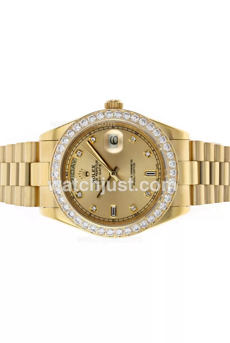 Rolex Day Date Ii Automatic Movement Full Gold Diamond Bezel And Markers With Golden Dial En45951