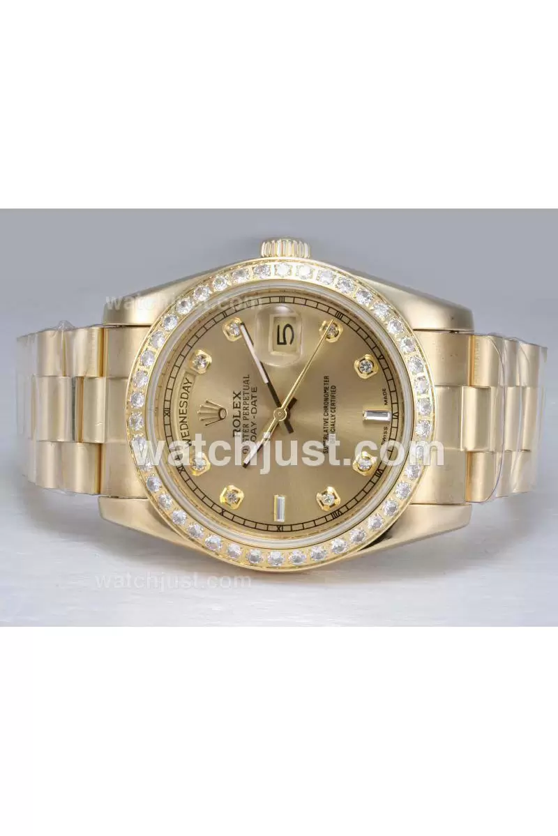 Rolex Day Date Automatic Full Gold With Diamond Bezel And Marking Golden Dial En11764