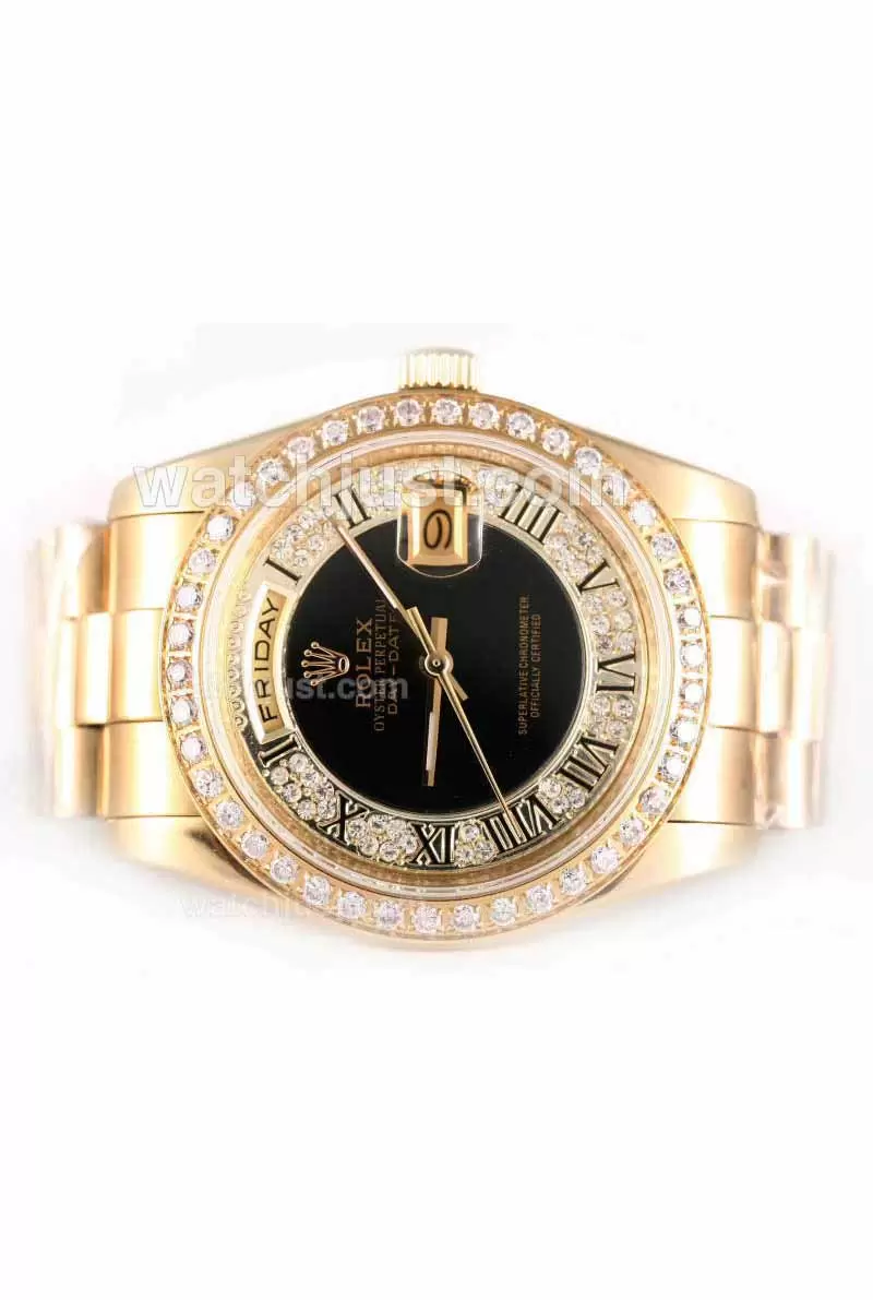 Rolex Day Date Automatic Full Gold Diamond Bezel With Black Dial Roman Marking En22441