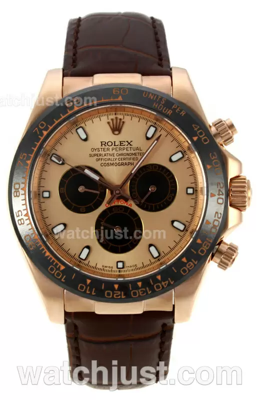 Rolex Daytona Ii Automatic Rose Gold Case Ceramic Bezel With Golden Dial Leather Strap En125616